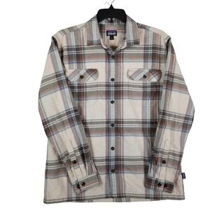 Patagonia Flannel‎ Shirt Mens Large Beige Plaid Organic Cotton Long Sleeve
